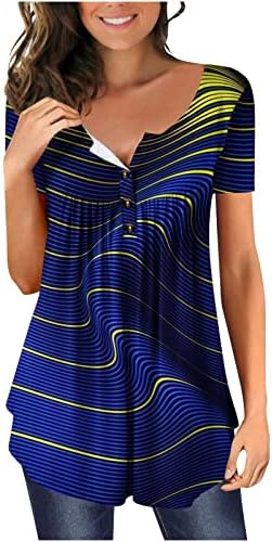 Qtocio жени Туника врвови со кратки ракави кошули против вратот Хенли блузи Флорал Хенли маичка Тренди случајна проточна плетена маица