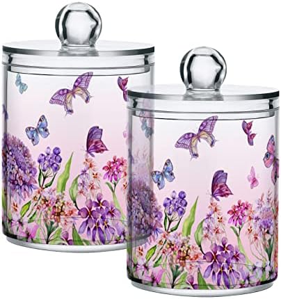 Пролет Пурпурна Цвет Пеперутка Qtip Носителот Диспензерот 2 Пакет Јасно Аптека Пластични Тегли Со Капаци,Цветни Бања Канистер За Складирање