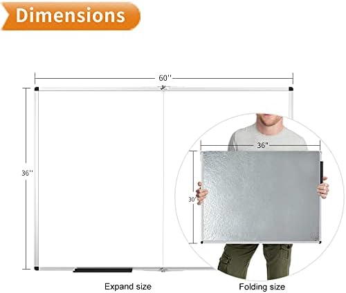 Viz-pro Голема сува бришана бела табла/магнетна табла за преклопување, 60 x 36 инчи, сребрена рамка за алуминиум, со маркери
