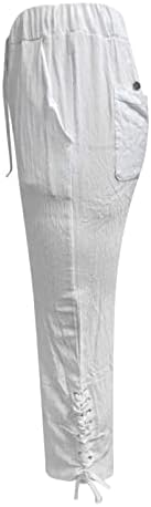 Pantsенски бели капри панталони со памучни постелнини со панталони со високи панталони со џебови со џебови, обични широки нозе