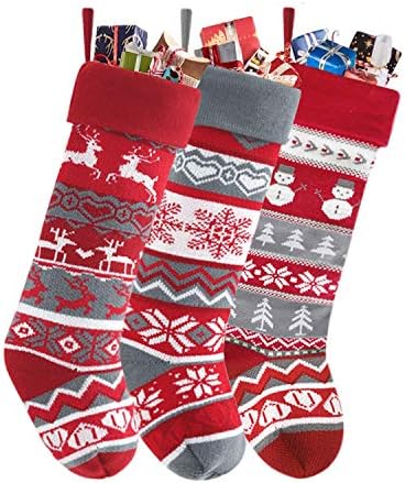 Neeseelily Божиќни чорапи 3 компјутер поставени 24 Големи Божиќни чорапи декорација плетени Божиќни висечки чорапи за празници за празници