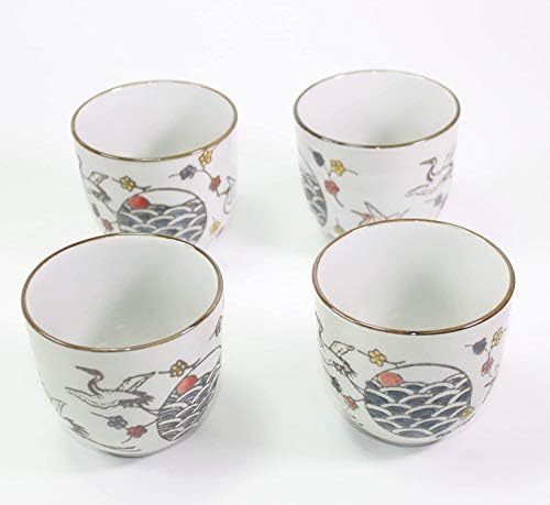 Белиот кран Херон Јапонски чајник сет со 4 чаши чај ~ Јапонски антички дизајн и филтер подарок / роденденски подарок / кујна / чајник / идеја