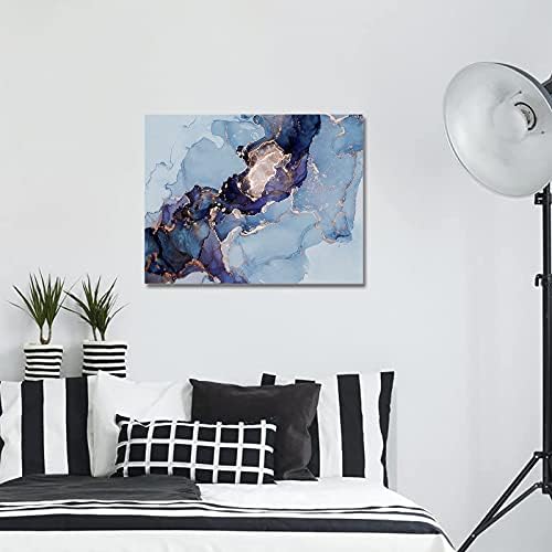 Запознајте го платното платно уметност во wallид, мермер текстура Апстрактна сина виолетова масло сликарство платно со дрвена рамка златен сјај