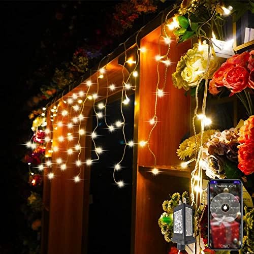 Јасен Bluetooth апликација Icicle Lights LED Божиќно стринг светло светло 300 LED 30ft Fairy Lights 60 капки светла за мраз за украси на