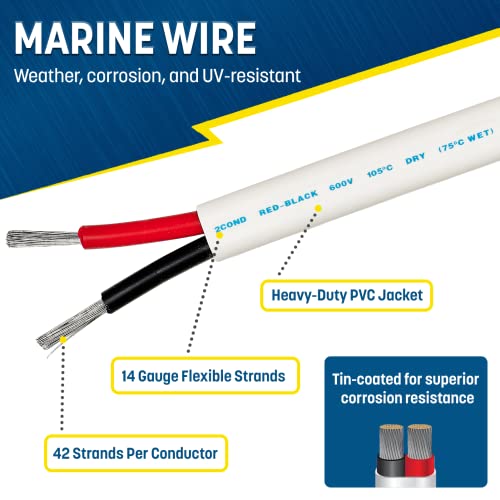 GS Power Marine Wire - 50 ft, 14 мерач AWG Електричен брод жици - изолирани бакари без кислород без кислород