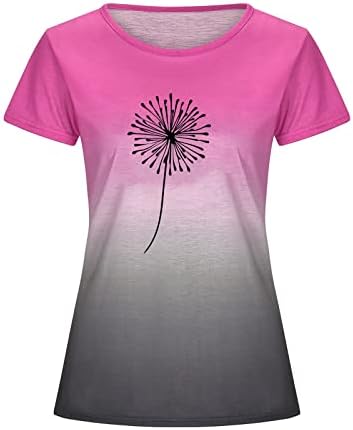 Женска маица со кратки ракави со кратки ракави со екипаж на вратот од памук, графички глуварче, печати цветен врвен кошула за дами ms