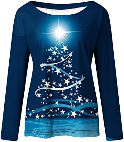 Кралски сини маици со долг ракав, дами екипа на вратот градиент starвезда тенок туничен празник Божиќни блузи, тинејџерски девојки