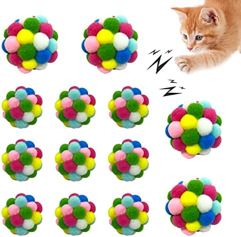 Јаонрах Мачка Бел Топки Играчка - 11 Спакувајте Шарени Меки Топчиња За Мачиња Со Ѕвонче Внатре, Интерактивно Бркање Мачки Нејасни Топчиња