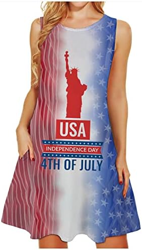 Ден на независноста Фустани Со Тенкови Без Ракави За Жени Мини Џебови Со Печатено Американско Знаме Фустан Лабава Течна Линија Фустан