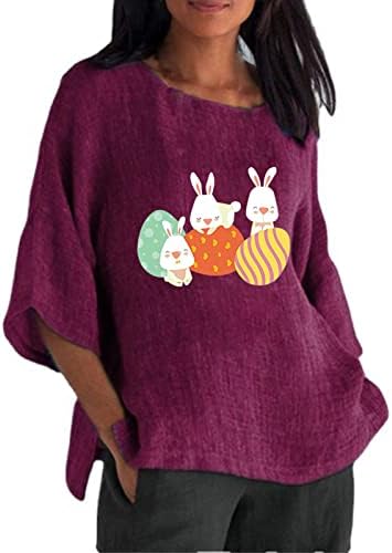 Велигденски жени памучни постелнини врвови 3/4 ракав екипаж плус големина кошула случајна разделена страна лабава блуза Симпатична зајаче