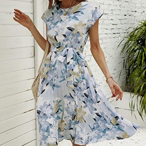 Wpoumv жени летни обични фустани со кратки ракави, цветни печатени екипа на вратот Миди фустан Елегантен замав проток фустан со појас
