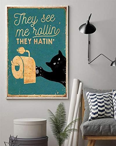 Персонализирани метални знаци за отворено Голема црна мачка убав задник метал постер - бања смешна бања wallидна уметност цитати бања wallид