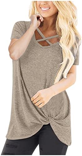2023 Краток ракав VNECK памучен завој обичен лабав вклопување опуштена вклопена блуза маица за дами лето есен на врвот Va va