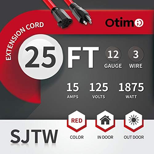 OTIMO 25 FT 12/3 SJTW RED, тешки кабел за продолжување на отворено - 3 приклучок за приклучок, 15A 1875W, отпорен на вода и временски услови,