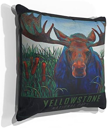 Yellowstone Bull Moose Canvas Фрла перница за кауч или софа дома и канцеларија од нафта сликарство од уметникот Кари Лер 18 x 18.