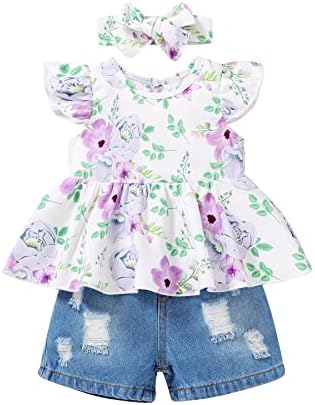 Помлада дрво дете за девојче облека за цвеќиња со цвеќиња со кратки ракави со кратки ракави + искинато тексас шорцеви ленти за глава
