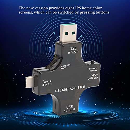 Тестер SESU USB C, 2 во 1 тип C USB тестер во боја на екранот IPS Digital Multimeter, струја, температура, со поддршка за кабел