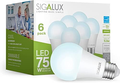 Sigalux A19 LED Сијалица Енергија Ѕвезда Сертифициран, 75W Еквивалент Затемнета LED Сијалица, Дневна СВЕТЛИНА 5000K 1100LM, E26 Стандард Светилки