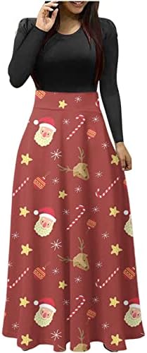 Maxенски долги ракави макси -забавни фустани 2022 Божиќ лабава лесен долг фустан симпатичен елк графички печатен коктел фустан