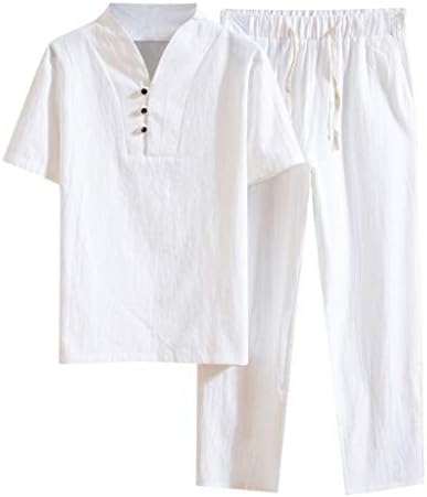 Машка буги памучна постелнина џеб цврсти кратки ракави ретро маици врвни пантолони костуми маж маица
