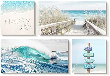 пријатна земја плажа крајбрежна платно wallидна уметност: 4 парчиња океански тема отпечатоци од морски бран слики на морски трска, арт дела морски