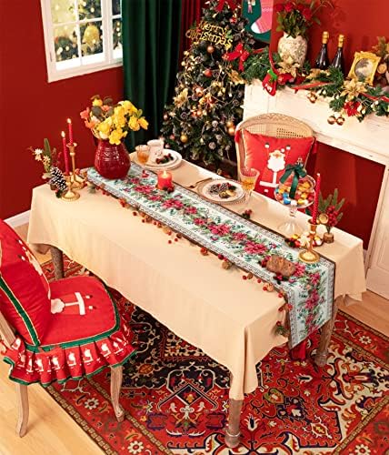 Божиќна табела тркач со должина од 120 инчи, Божиќна Поинсетиа, холи тркачи на маса Робин Бурлап, марами за кујнски трпезари