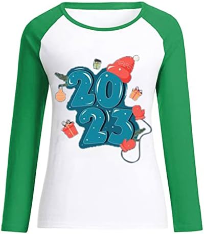 2023 Новогодишна Забава Туника Блузи За Жени Обични Кошули Со Долги Ракави Празнични Маици Блок Во Боја Дуксер На Екипажот