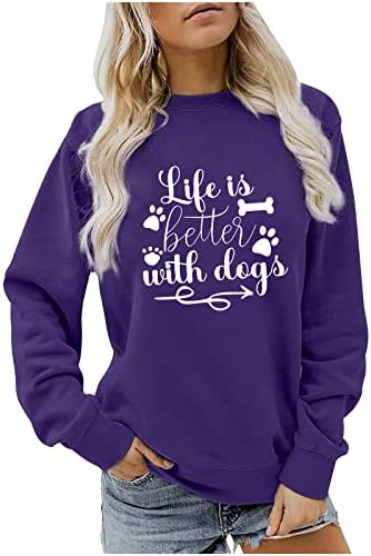Cински симпатични маички со долг ракав врвот Смешен живот е подобар со кучиња шепа графички пуловер џемпер за џемпери Туника врвови
