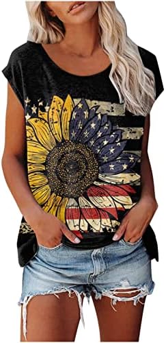Дневни врвови за дами кратки ракави екипаж на американско знаме Сончогледот Дејзи, цветни графички блузи тинејџерска девојка 2023 19 19