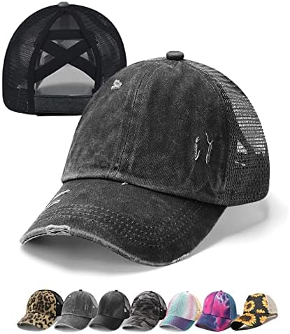 Neufashion Criss Cross Cross Hat измие потресено сјајно мрежење женски бејзбол капа тато капа од коњчиња, неуредна пунџа камиони, коњџија поникап