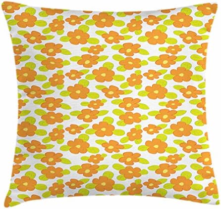 Ambesonne портокалово фрлање перница за перници, тема женствена шема со цвеќиња од лавра и зелени лисја, декоративен квадратен акцент