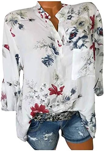 Womensенски печатени врвови со долги ракави ， моден случајно цветно печатење на врвот V-врат со долги ракави маица маица