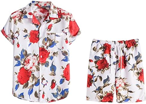 Машка цветна кошула Хавајски поставува обични копче надолу кошула и кратки панталони летни мажи удобни меки пижами 2 парчиња облека