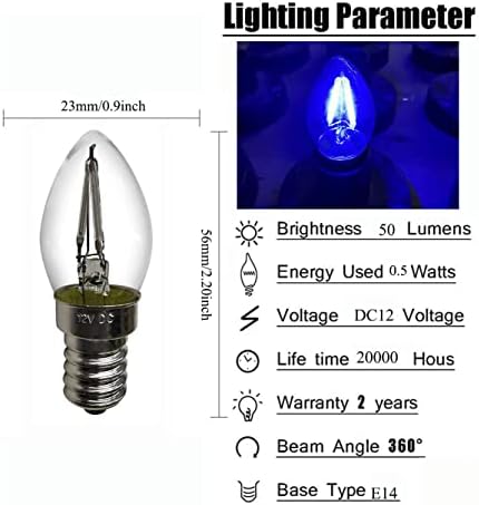 C7 E14 База LED Стринг Светилки 0.5 W Сина Светлина LED Едисон Замена Светилки, 5 Вати Еквивалент, 12V, Јасно Стакло, DC12V За Стринг Светла,