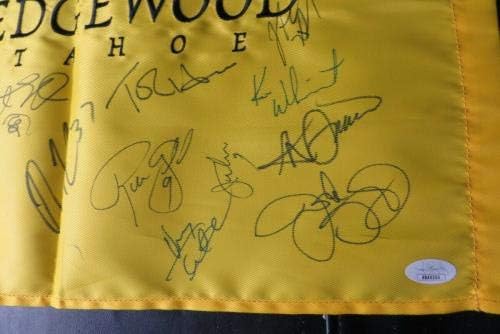Фудбалските легенди потпишаа автограмирано знаме за голф Jerryери Рајс Johnон Елвеј ЈСА BB40353 - НФЛ автограмираше разни предмети