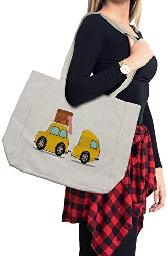 Ambesonne Среќна камперска торба за купување, ретро автомобил со цртан филм со цртан филм на отворено Тема за одмор илустрација, еколошка торба