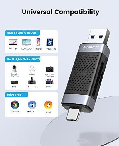 Читател на SD картички, Orico USB 2.0 Адаптер за картички Преносни 2 слотови за TF SD Micro SD за MacOS Windows Linux PC лаптоп