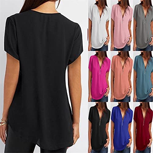 Andongnywell Women Women Solid Color Zipper V-Neck Casual Tops маица лабава блуза со кратки ракави со кратки ракави лабава шифон кошула