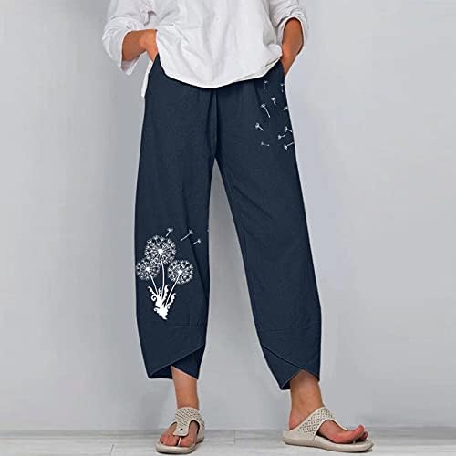 Женски летни капри панталони памучни постелнини широки нозе каприс глуварче печатење исечени панталони плажа еластична половината со панталони