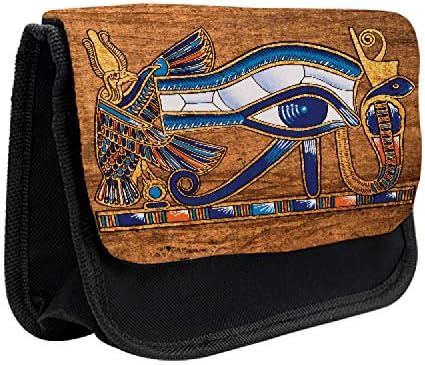 Зачудувачки египетски молив случај, папирус за очи мозаик стил, торба за молив со ткаенини со двојно патент, 8,5 x 5,5, морнарица сина