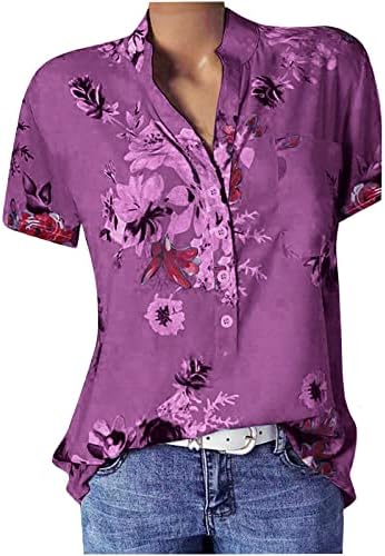 Копче за жени надолу, 2023 година летни цветни основни џебови со кратки ракави со кратки ракави против блузи од вратот лабави врвови за тинејџери девојки