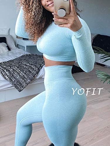 Yofit Women's Warkout Compation 2 парчиња Беспрекорни хеланки со висока половината на половината со долги ракави за теретани за теретани со