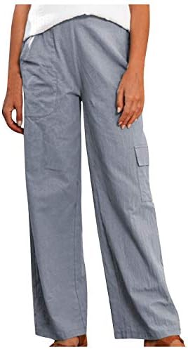 Mmknlrm Обични панталони со повеќе џебови со панталони Постелнини долги жени панталони лабави цврсти панталони женски панталони за тренингот