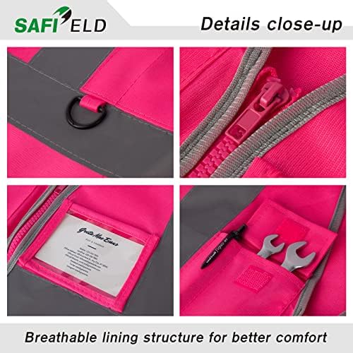 Safield Безбедност Рефлексивна работа елек 6 пакет за мажи и жени со 8 џебови и патент со висока видливост на надворешната облека