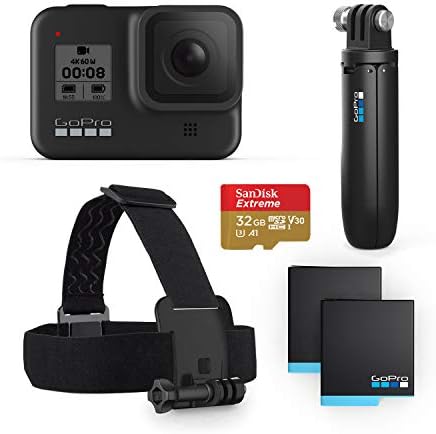 GoPro Hero8 Black Black - Вклучува Hero8 Black Camera, Shorty, Strap за глава, SD картичка од 32 GB и 2 батерии за полнење