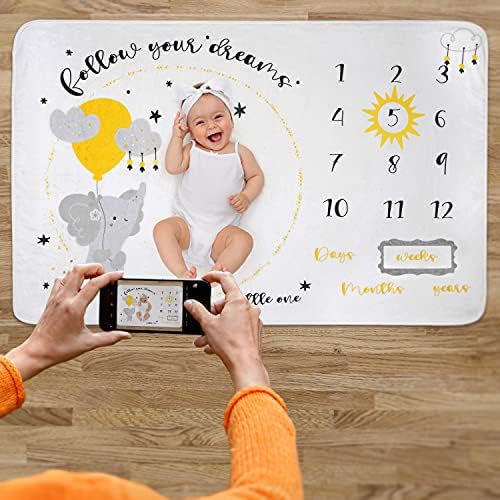 Tradsoft Baby Milestone, ќебе за персонализирано бебе за домашна фотографија, вклучувајќи реквизити - Подарок за пол за бебиња - Дизајн на слонови - 60 x 40 инчи