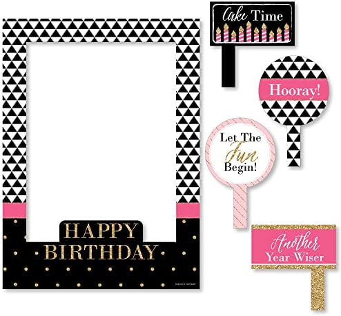Шик среќен роденден - розова, црна и златна - роденденска забава селфи фото штанд Рамка и реквизити - Печатено на здрав материјал