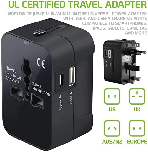 Travel USB Plus Меѓународен адаптер за напојување компатибилен со FIGO X55L за светска моќност за 3 уреди USB TypeC, USB-A за патување