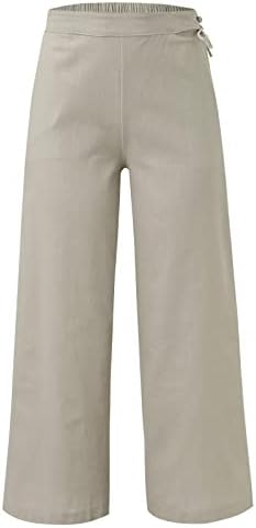 Miashui жени еластични панталони за половината, обични жени солидна постелнина панталони, панталони, еластични панталони за панталони од половината