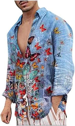 XXBR памучни ленени кошули за мажи, падот на копчето надолу со долги ракави, птици од пеперутка, печати обични врвови на плажа на